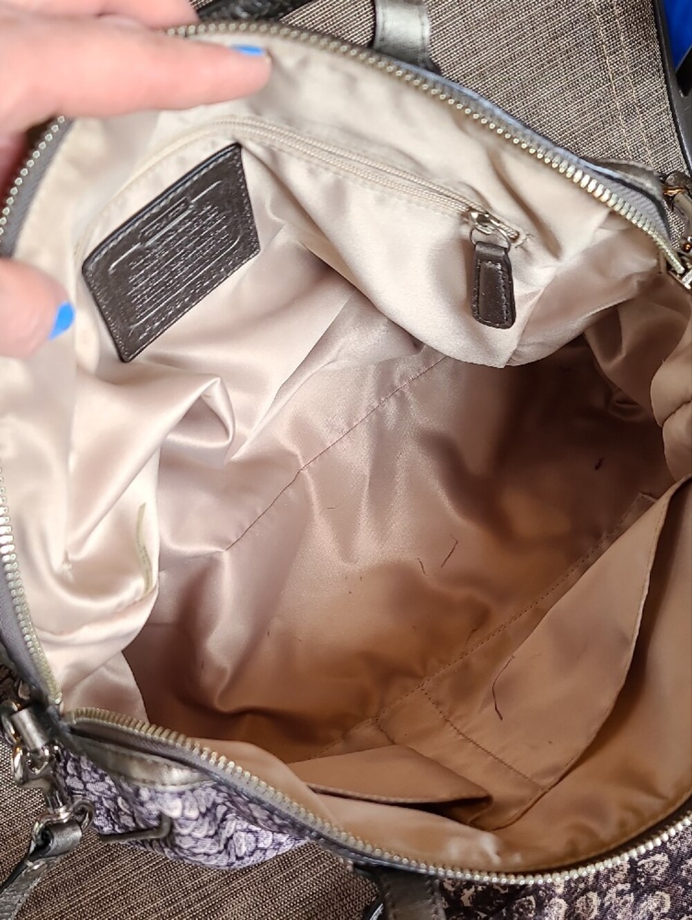 Coach Metallic Snake-Print Satchel in Silver and Taupe - Picture 4 of 10